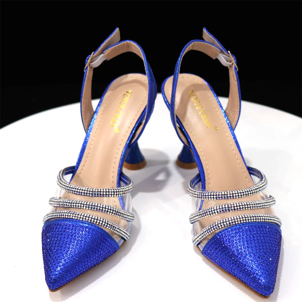 Venus Chan 2023 Latest Italian Design Pointed High Heels Rhinestone Stripe Transparent TPU Party Shoes for Ladies Shoes And Bag