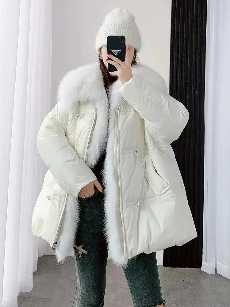 

FASHION 2023 New Winter Women White Goose Down Coat Natural Fox Fur Collar Female Loose Warm Parka Luxury Puffer Jacket Outwear