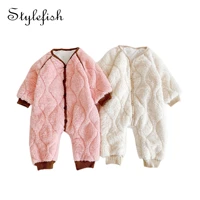2022 new born baby winter clothes fleece lined warm plush clip cotton padded coat round neck infant baby long sleeve romper
