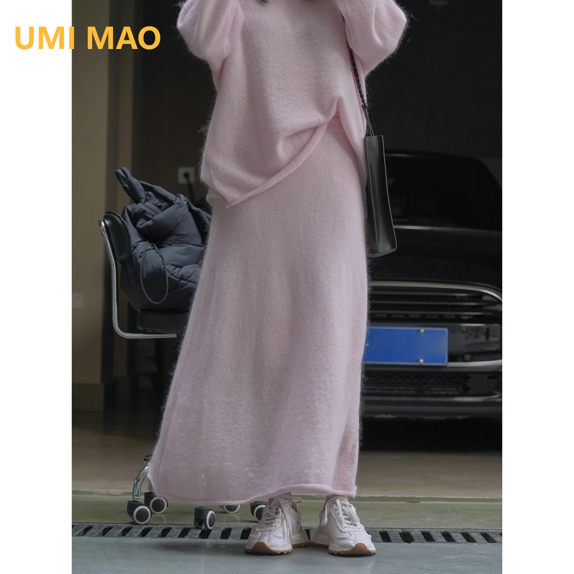 

UMI MAO Spring Autumn New Korean Lazy Style Lightweight Mohair Skirt Elastic High Waist Loose A-line Knitted Skirts Femme