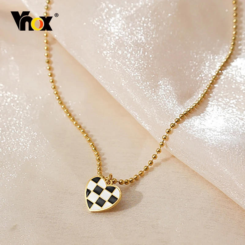 

Vnox Checkerboard Heart Necklace for Women, Stylish Heart Pendant, Gold Color Stainless Steel Beads Chain Collar