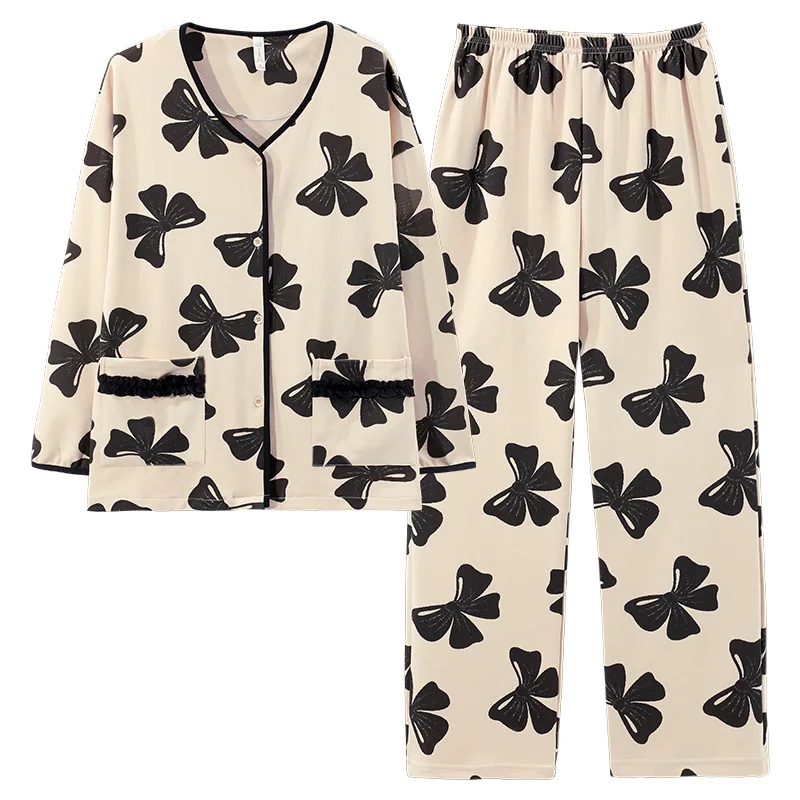 Pajamas Round Neck Women Printing Bow Sleepwear Shirt Pant 2pcs Long Sleeve Home Clothing Loose Casual Nightwear Lounge