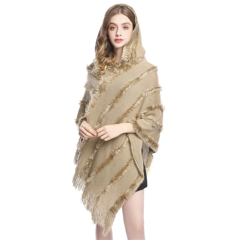 

2022 Autumn and Winter Women's Tassel Large Size Knitted Sweater with Hat New Imitation Cashmere Solid Color Top Cape Shawl