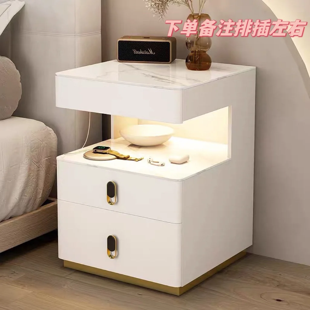 

Bedside Table Stone Plate Solid Wood Modern Simple and Light Luxury Multi-Function Wireless Speaker with Light
