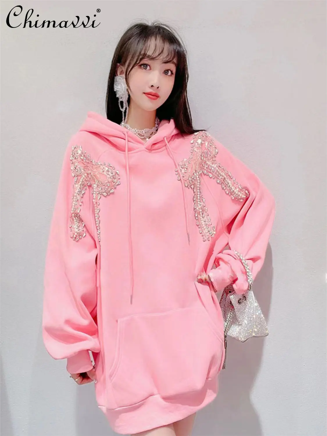 Women's Autumn Winter New Korean Style Fairy Hooded Sweatshirt Ladies Fashion Sweet Rhinestone Loose Slimming Fleece Hoodie Top