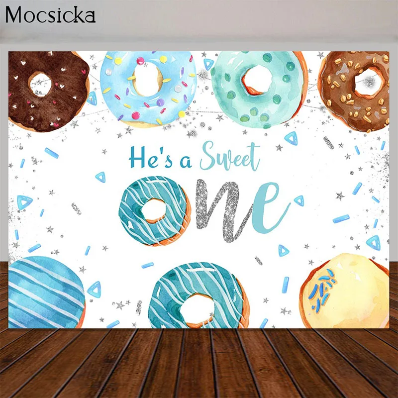 Boy First Birthday Backdrop Sweet Blue Donut Theme Photography Background Silver Stars Cake Table Photo Wallpaper Photo Props