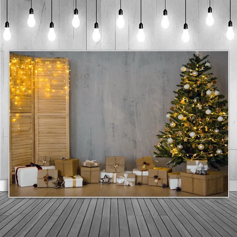 

Christmas Gifts Boxes Ornamented Trees Decoration Photography Backdrop Custom Cement Wall Parclose Lights Photo Background Props
