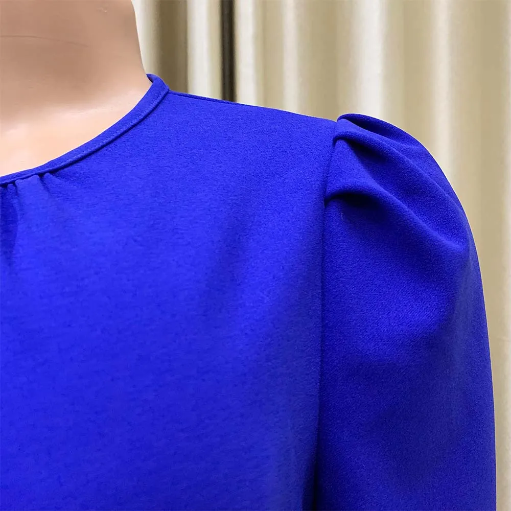 Blue Pleated Dress For African Ladies Solid High Waist Mid Calf Elegant Work Business Office Wear Dresses Midi 2022 Autumn New