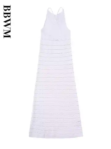 Backless Knitted Dresses Vintage Sleeveless Strap Dress Woman Fashion White Summer Dress Women 2023 Beach Long Chic Female Dress
