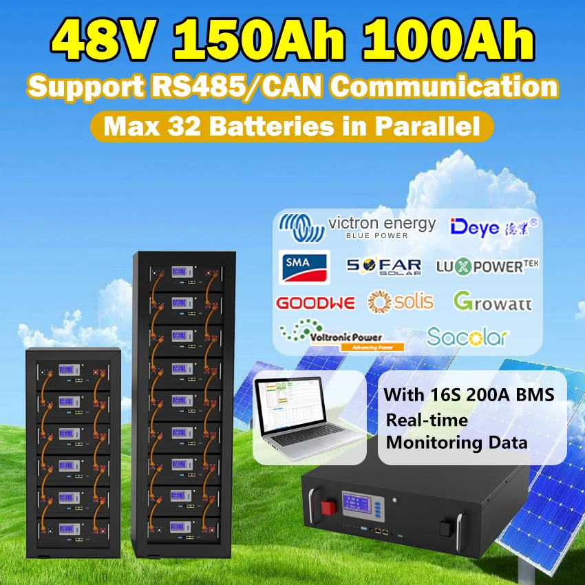

LiFePO4 48V 150Ah 100Ah 200Ah Battery Pack 51.2V 10KWh with RS485 CAN Max 32pcs Parallel 6000+ Deep Cycles for Energy Storage