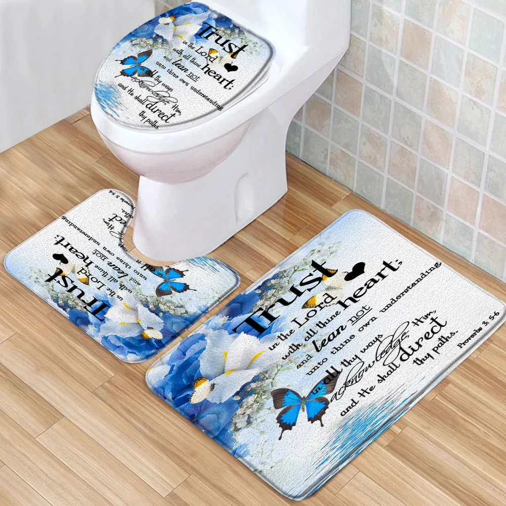 

Blue Butterfly Flower Bath Mat Set Trust In The Lord Inspirational Quotes Low Pile Flannel Bath Rug Toilet Cover U-Shaped Carpet