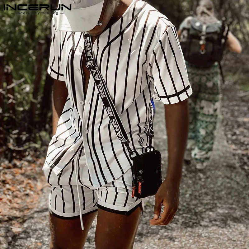 

INCERUN 2023 American Style New Men's Short Sleeved Shirts Shorts Sets Fashion Casual Male All-match Stripe Two-piece Sets S-5XL