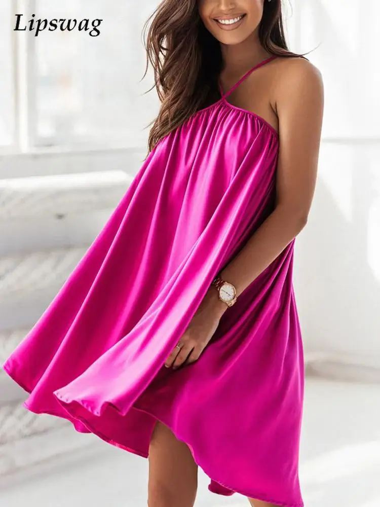 

Summer Sexy Sleeveless Sling Party Dress Women Fashion Backless Loose Pleat Irregular Dress Lady Casual Off Shoulder Mini Dress