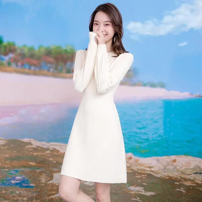 

2022 Women Autumn Winter New Solid Color Sweater Dress Female Round Neck Pullover Dresses Ladies Long Sleeve Knit Vestidos Q293