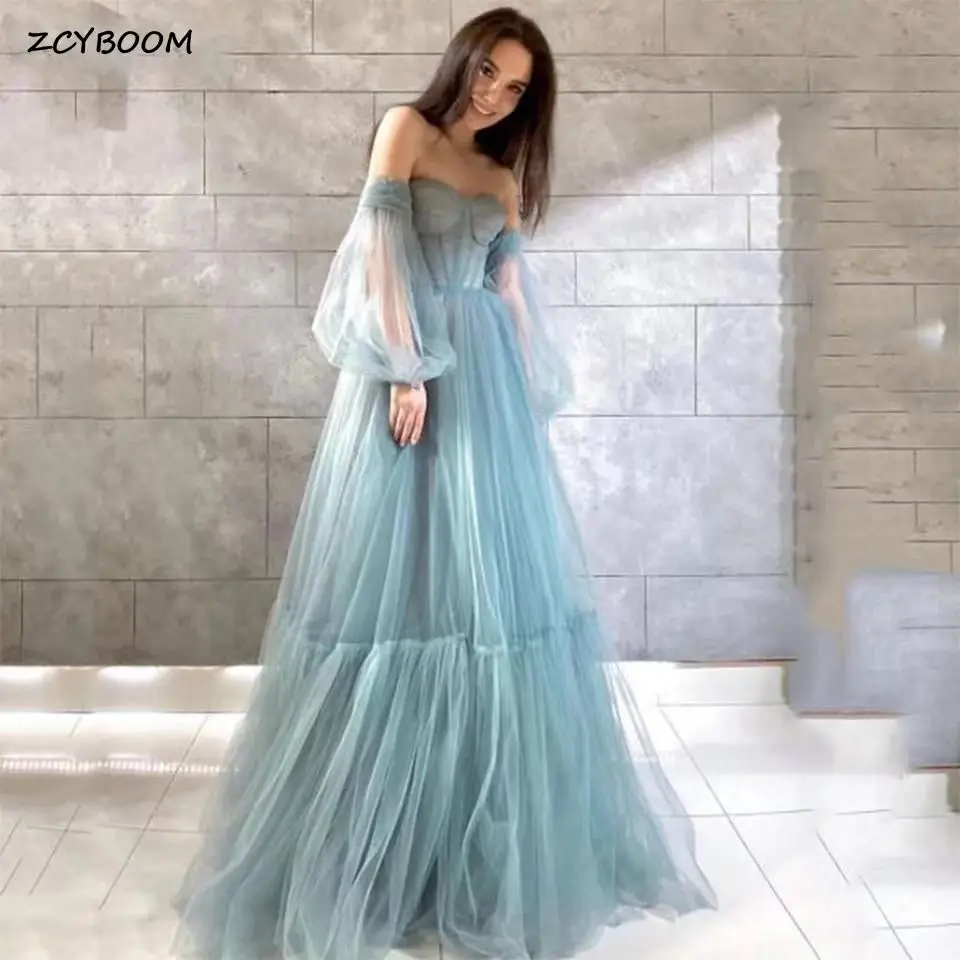 

Elegant Dusty Blue Long Puffy Sleeves Evening Dresses 2023 Off The Shoulder Pleated Tulle Floor Length Party Prom Gown For Women