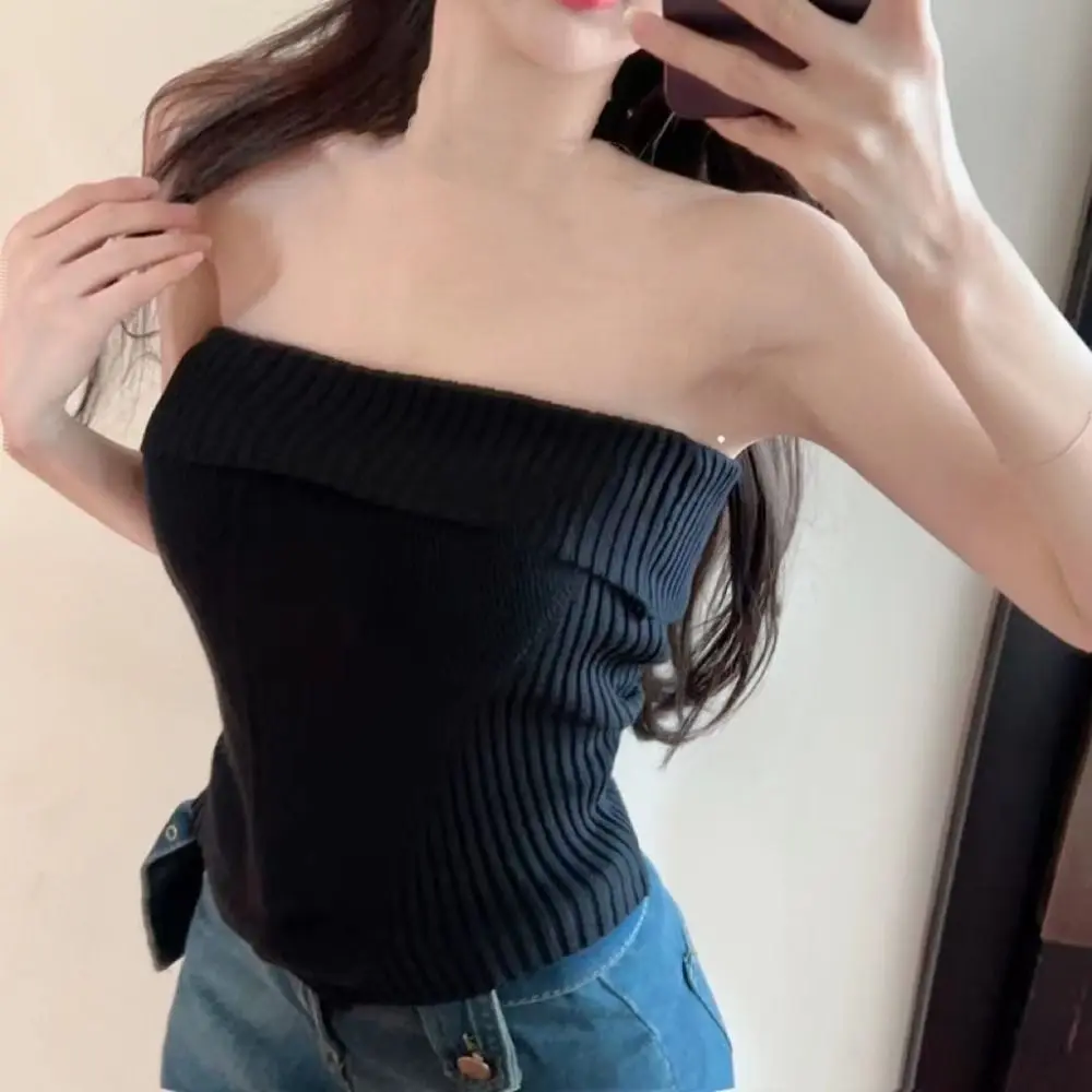 Трикотажный топ-труба в рубчик повседневный Топ без бретелек рукавов