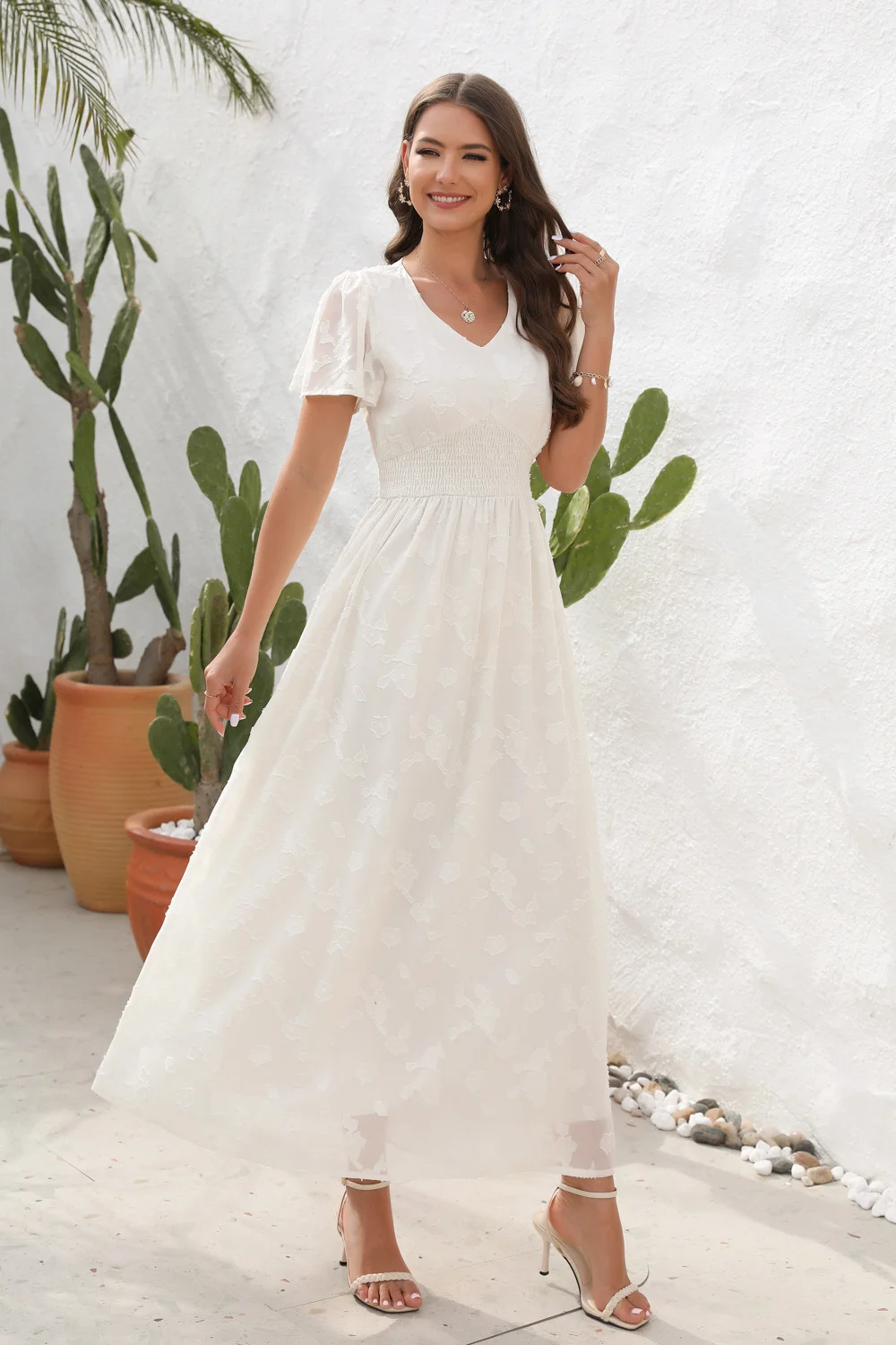 

Женское новое платье с V-образным вырезом, жаккардовое платье средней длины с коротким рукавом, праздничное платье для путешествий, ТРАПЕЦИ...