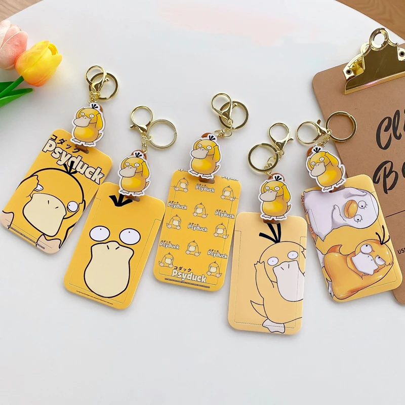 

Anime Pokemon Psyduck Business Card Holder Keychain Retractable Credit Cardholder Bank ID Holder Badge Kids Bus Card Cover Case