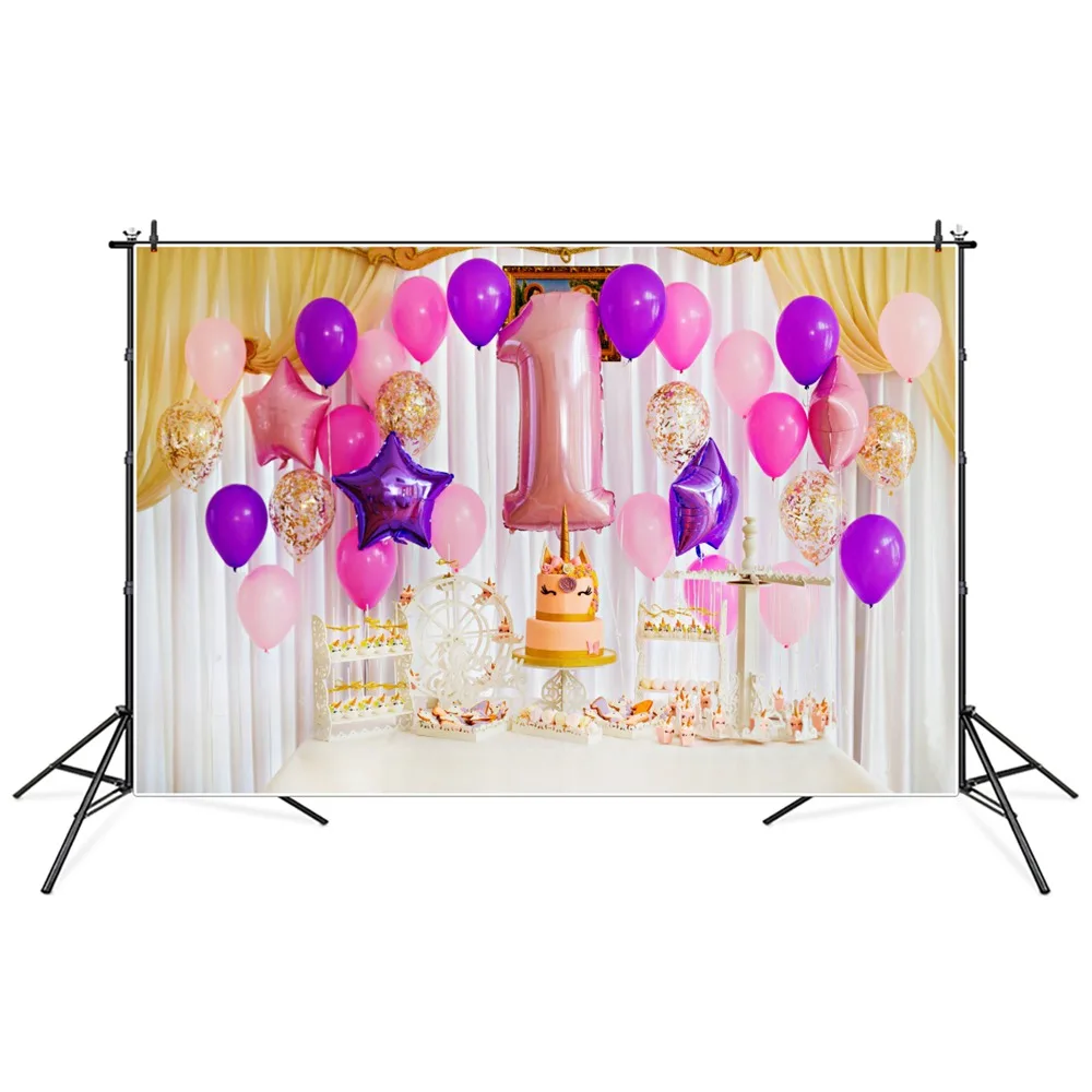 

1st Birthday Balloons Photography Backgrounds Newborn Baby Golden Curtain Cake Stars Decor Backdrops Photographic Portrait Props