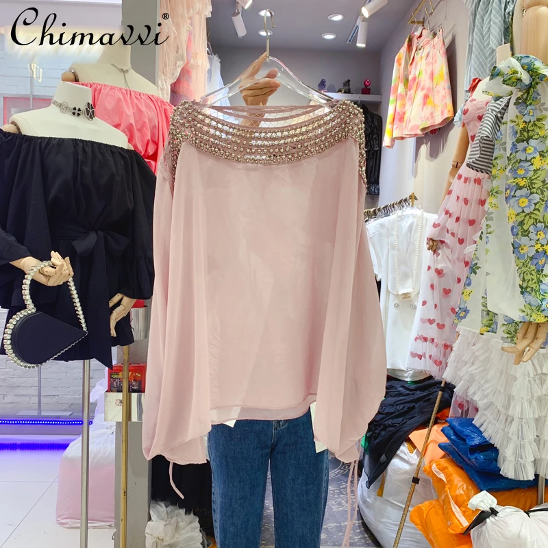 

Female 2022 Spring New Korean Style Beaded Hollow-out Blouses Women Fashion O-neck Long Sleeve Loose Drooping Chiffon Shirt Top