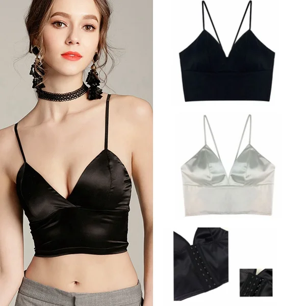 

Satin Women's Top Silk Crop Top Sexy Camisole Wireless With Chest Padded V-Neck Sleeveless Femme Cropped Camisole Comfortable