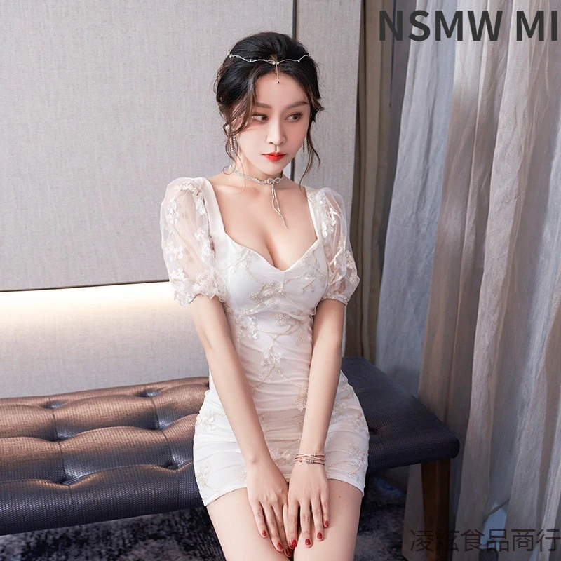 

Новинка 2023, пикантное платье на ягодицы, юбка с вышивкой и тонким рукавом-пузырьком, элегантное темпераментное платье без дополнительной пл...