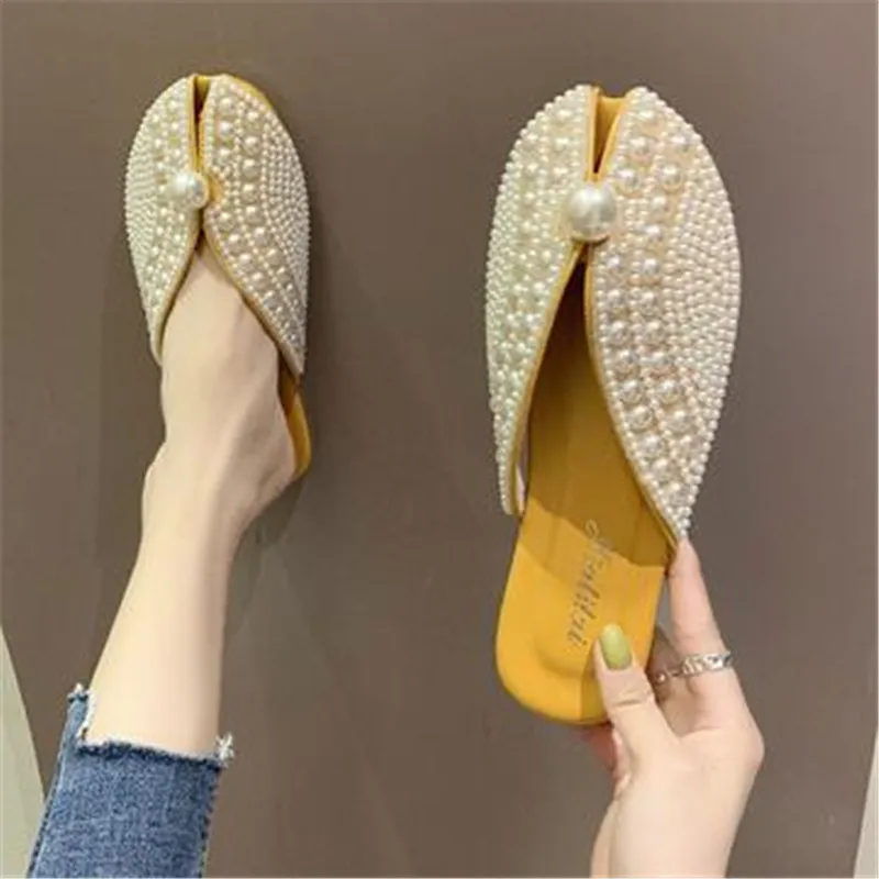 

Женские шлепанцы с круглым носком, уличная модная обувь на плоской подошве, украшенная жемчугом, лето-весна, AC799