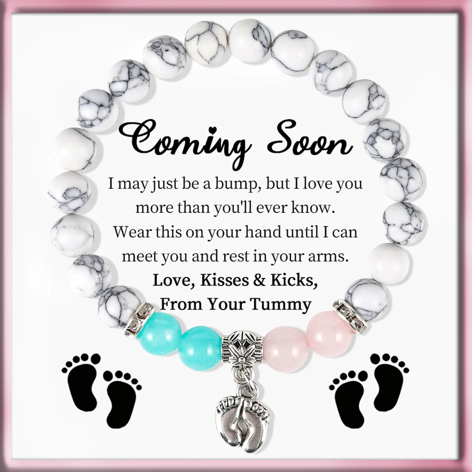 Кулон со следом эластичный браслет 8 мм белый бирюзовый из бисера с картой для