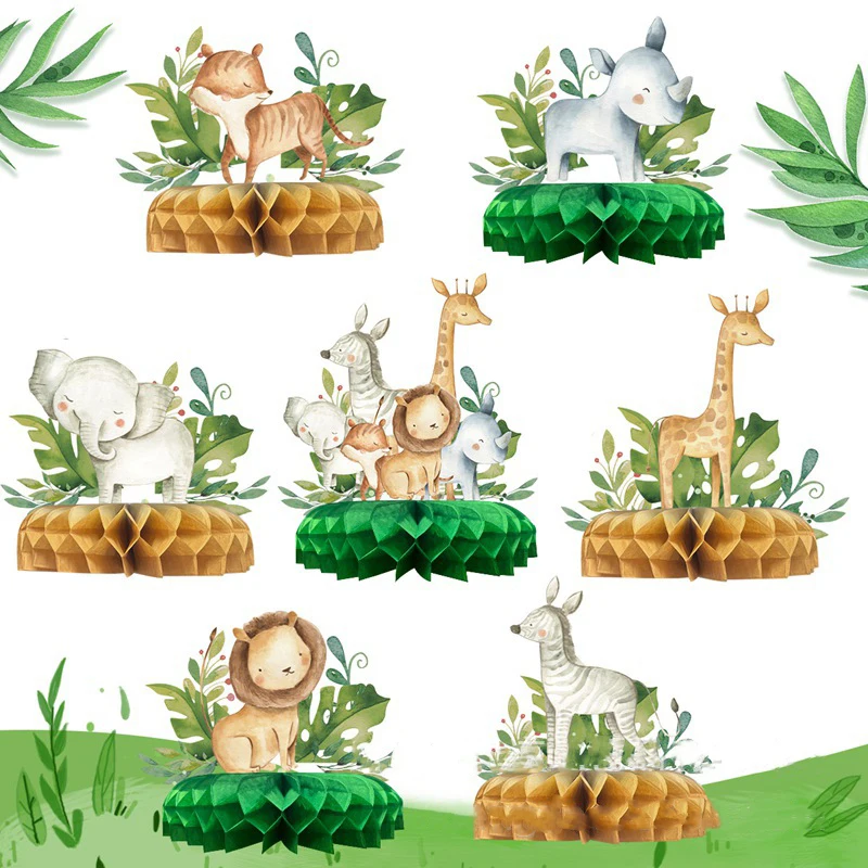 

7Pcs Jungle Safari Honeycomb Decoration Cartoon Giraffe Elephant Lion Honeycmb Ball Desktop Ornaments Happy Birthday Party Decor