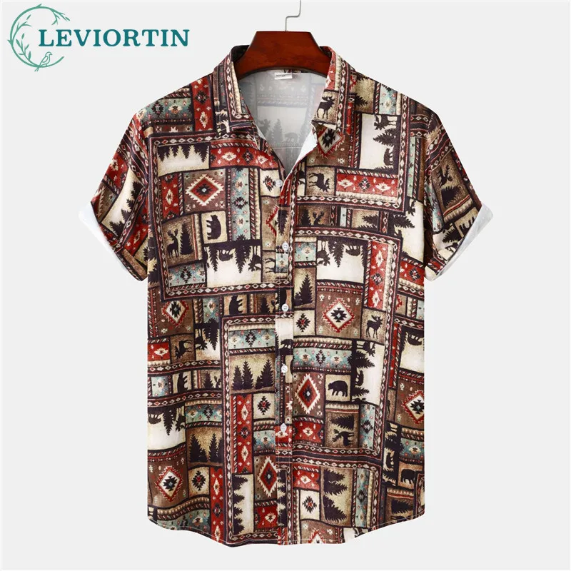 

Geometry Mens Tribal Print Camp Collar Brown Short Sleeve Shirt Casual Summer Hawaiian Holiday Camisa Tops