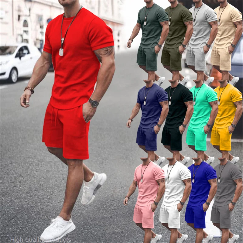 

2023 New Men's Sports Suit Summer Short sleeve T-Shirt+Shorts 2 piece Set Men Solid Color Fitness Gyms Sportswear Male Tracksuit