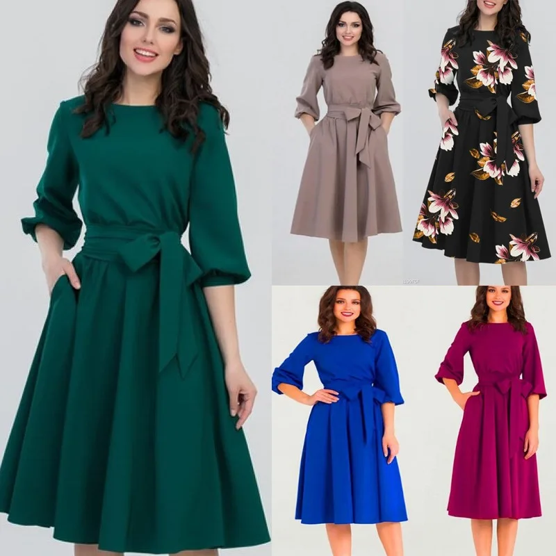 

2021 Spring Vintage Solid Lantern Sleeve A-Line Dress Women Elegant O-Neck Half Sleeve Pocket Sashes Knee-Length Casual Dress