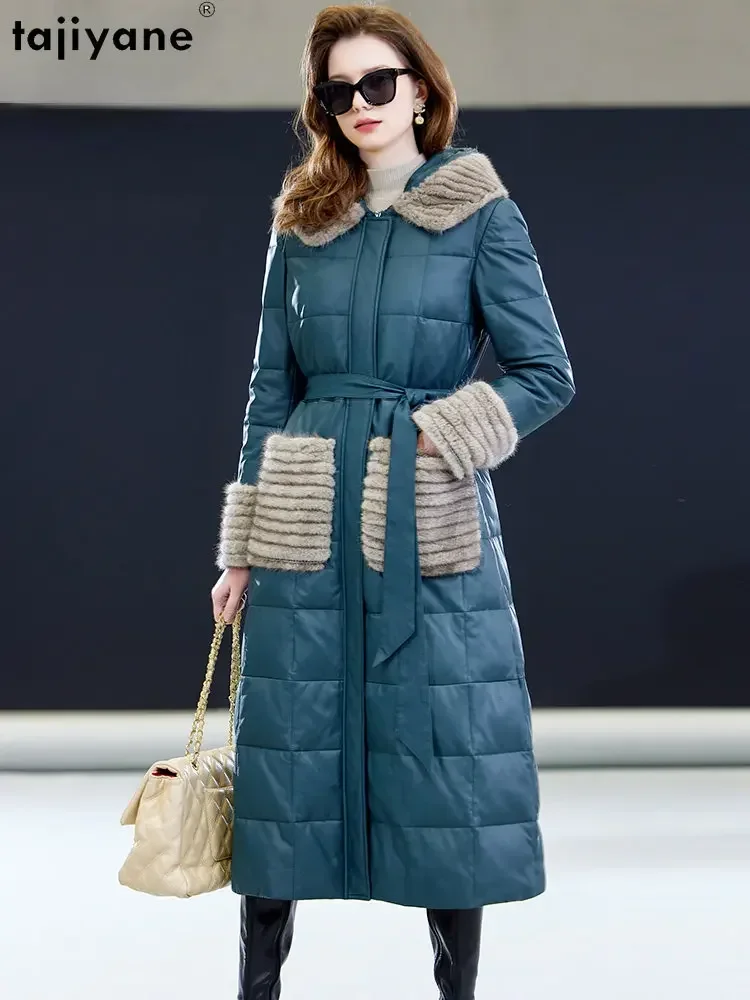 Женский пуховик средней длины Tajiyane из натуральной овечьей кожи с капюшоном