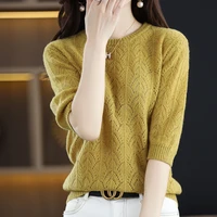 spring and autumn new five point sleeve round neck pullover sweater hollow loose fashion knitted womens bottoming shirt