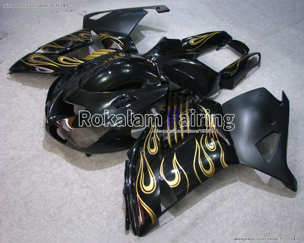 

For Kawasaki Ninja Golden Flames ZX14R Black Fairings 2006-2011 ZZR 1400 06 07 08 09 10 11 ZX-14R (Injection molding)