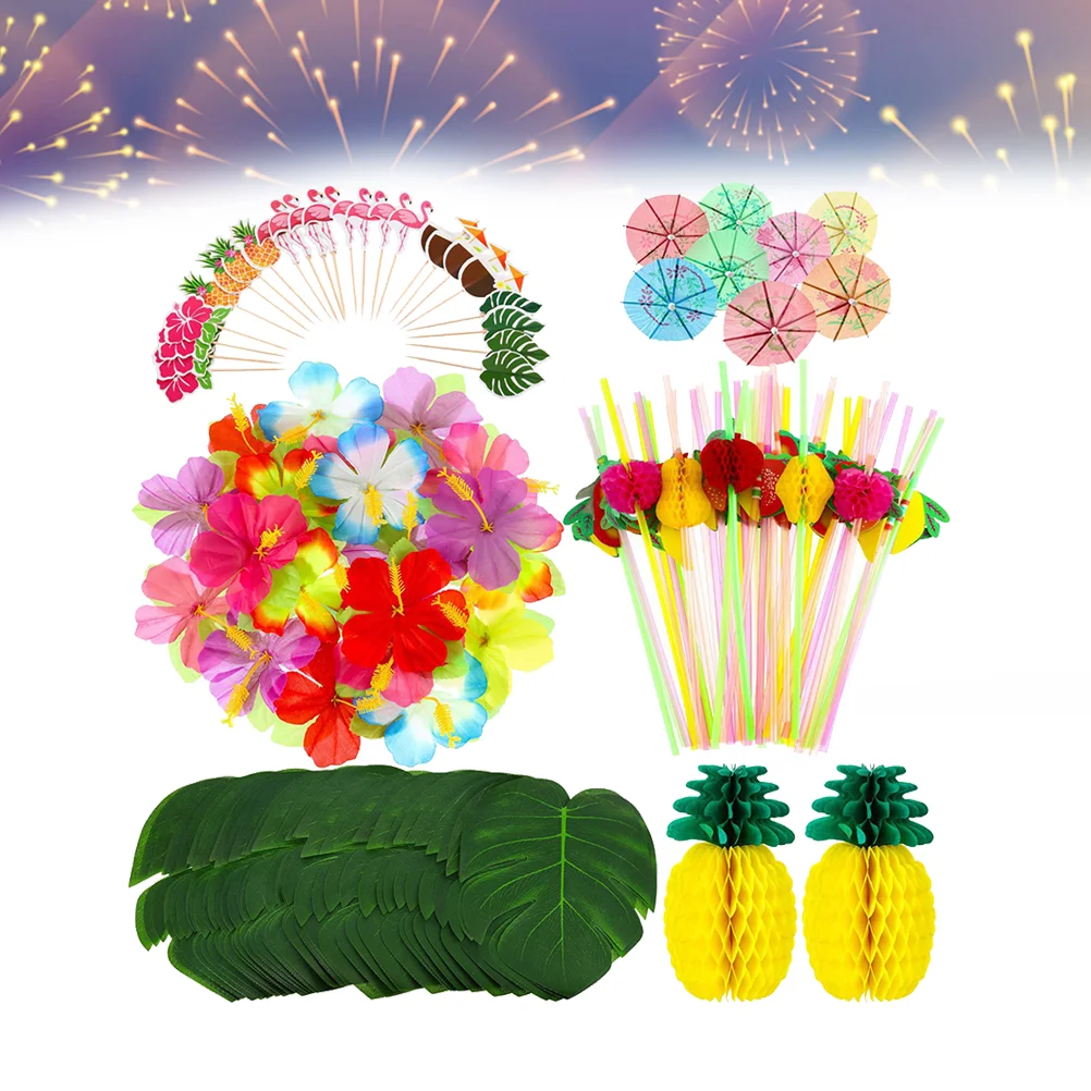 

172 Pcs Summer Hawaii Themed Table Supplies Cake Topper Drinking Straw Set Children's Birthday Party Table Kit