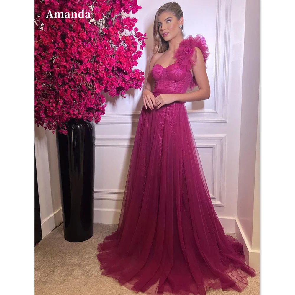 

Amanda Rose Pink A-line Prom Dress Glitter Fabric вечернее платье люкс 2023 Sexy One Shoulder Party Dress Custom Evening Dress