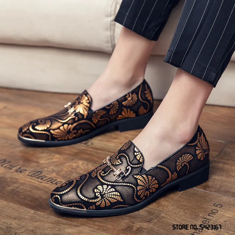 

New Men Dress Leather Shoes For Men Luxury British Gold Blue National Pattern Oxfords Classic Gentleman Wedding Prom Shoes