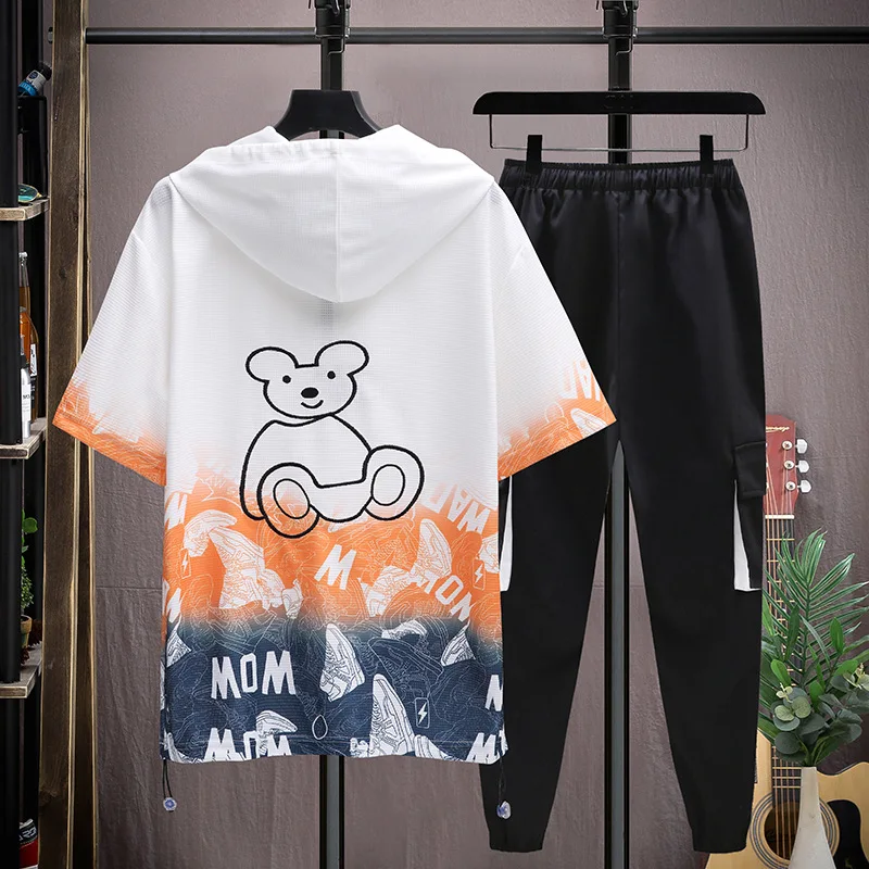 Summer Men's New Youth Ice Silk Loose Fashion Waffle Student Short Sleeve T-shirt Thin Suit Loose