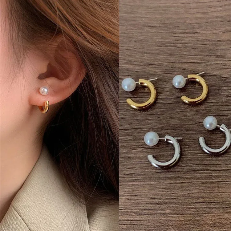 

New Trend Metal Gold Silver Color Korean Fashion Classic Simple C Pierced Stud Earrings For Women Charms Pear Ear Jewelry Gift