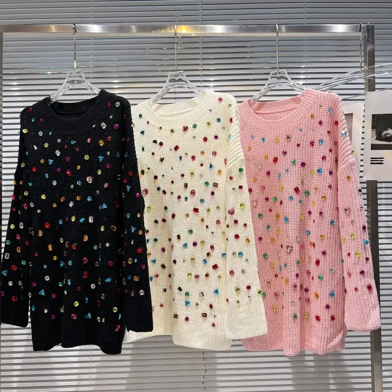 

Harajuku Women Colorful Gem Beaded Heavy Industry Loose Knit Sweater Knitted Diamonds Pullovers Jumpers Rhinestone Knitwear Tops
