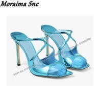 moraima snc patent leather square toe slippers sandals solid open toe stilettos high heels cut out summer wedding shoes on heels