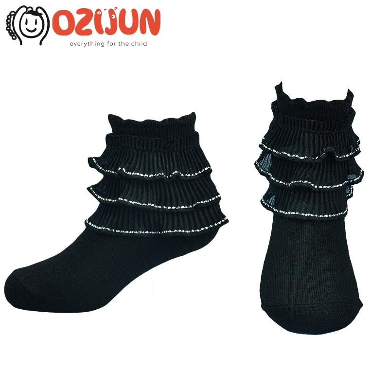

10 Pairs 1-10Y Baby Girls Three Layers Lace Socks Breathable Mesh Socks Children's Princess Cotton Socks Black Color
