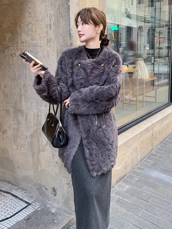 French sle Light Luxury High-Grade Environmental Protection Fur Outerwear Women Autumn and Winter 2024 New Mid-Length Gold ...