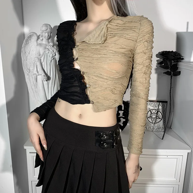 

Harajuku Patchwork Crop Top Women Spring Summer Vintage Sexy Slim O-neck Single Breasted Long Sleeve T-shirt Cardigan Female