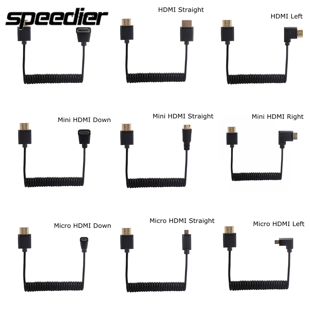 OD 3.2mm Up Down Right Left Angle Mini HDMI-compatible 2.0 Micro HDMI-compatible Super Soft Thin stretch Spring Curl Cable 30cm