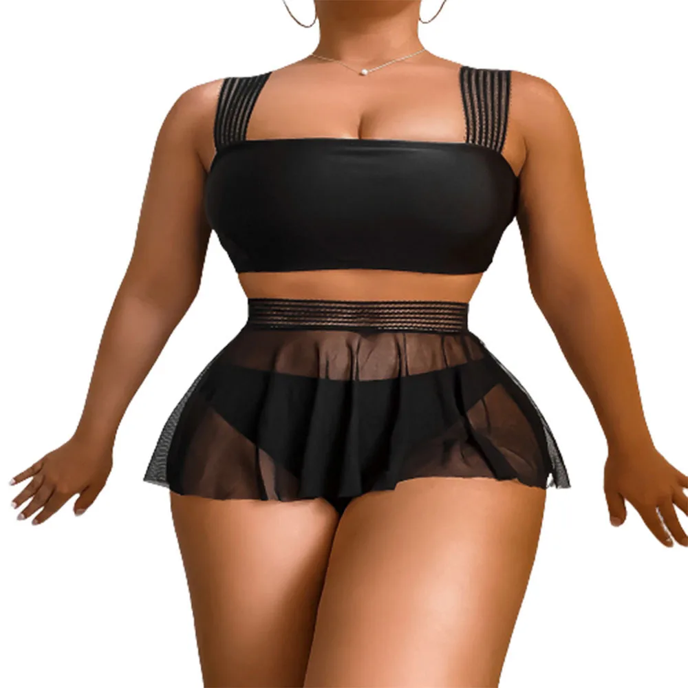 

Женский купальник бикини с высокой талией FS, черный купальник-бандо с прозрачной короткой юбкой, купальный костюм из трех предметов, 2019