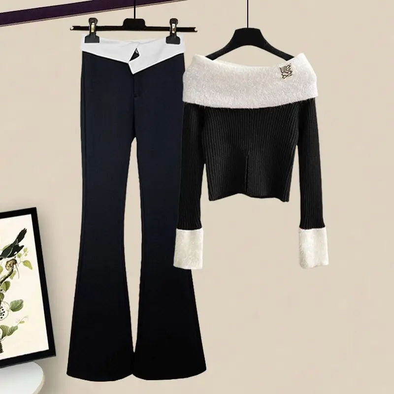 

Spring Autumn New Cropped Top Sweater And Pants Sets Y2k Casual Outfits Knit Two Piece Sets For Women