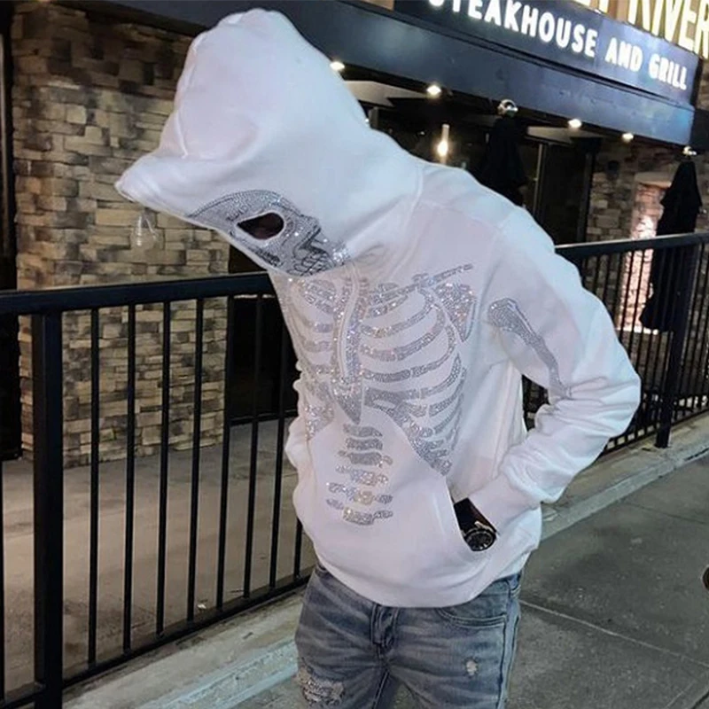 

Men's Top 2022 New Y2k Long Sleeve Hoodie Sweatshirt Street Large Skeleton Rhinestone Off White Full-Zip Hoodie High Street