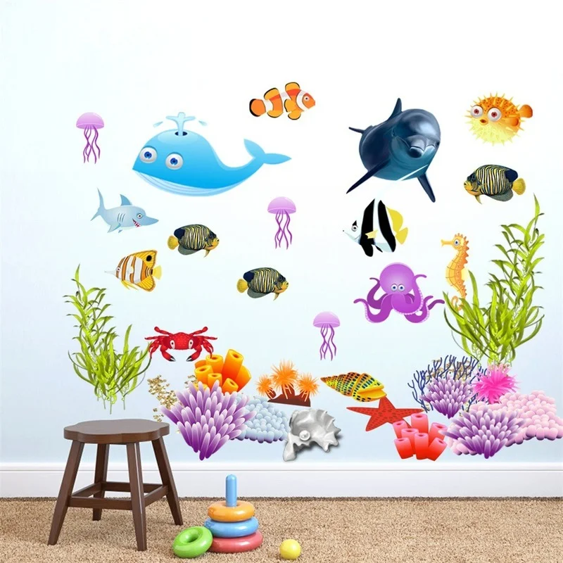 

New Cartoon Underwater World Marine Life Wall Stickers Living Room Bedroom Kids Room Decoration Painting Home Background Decor